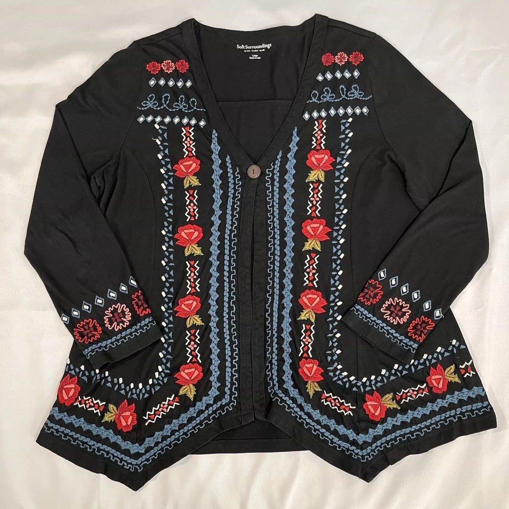 Soft Surroundings Womens L Embroidered Boho Floral Cardigan Single Button Front